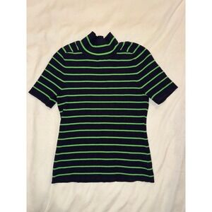 Free Assembly Womens Mock Neck Ribbed Short Sleeve Striped Sweater Navy Green M